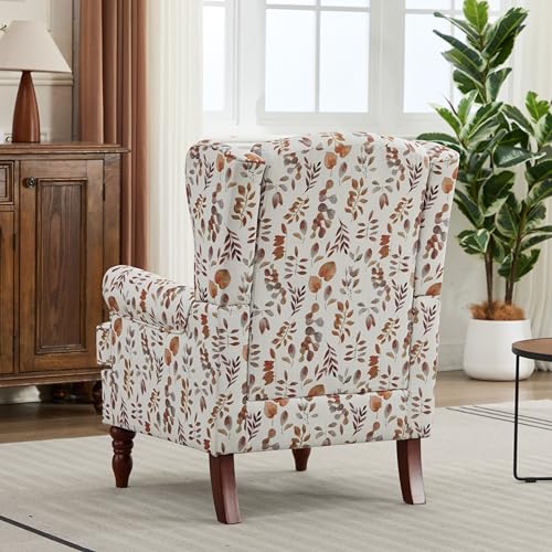 Modern Accent Chair,Comfy Upholstered Armchair with Retro Wood Legs,Floral Design Single Sofa Chair,Living Room Furniture for Apartment,Bedroom,Office,Linen Fabric,Floral Yellow