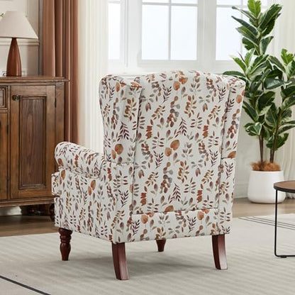 Modern Accent Chair,Comfy Upholstered Armchair with Retro Wood Legs,Floral Design Single Sofa Chair,Living Room Furniture for Apartment,Bedroom,Office,Linen Fabric,Floral Yellow