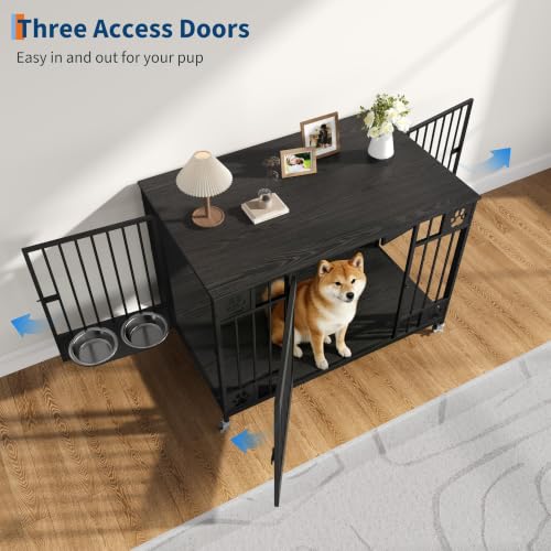 Dog Crate Furniture, 41" Large Dog Kennel with Triple Doors, Black, view 4