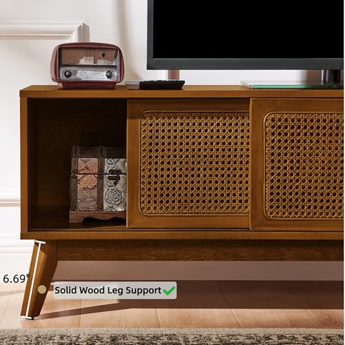 Mid Century Modern Rattan TV Stand for 65 Inch TV,59" Boho Media Console with Sliding Doors & Open Shelves,Solid Wood Legs for Living Room,Light Walnut