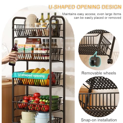 3 Tier Rolling Cart,Simple Trending 4 Tier Rolling Fruit Vegetable Basket Cart with 4 Detachable Wheels,Storage Rack for Kitchen,Bedroom for Bread Onion Potatoes(4 Floors)