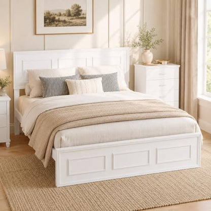 White Farmhouse Wood Full Size Bed Frame with Adjustable Headboard, view 2