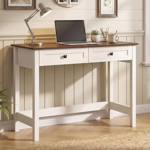 Farmhouse Writing Desk with Drawer, 40 Inch Wooden Small White Desk, view 2