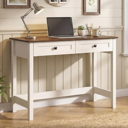Farmhouse Writing Desk with Drawer, 40 Inch Wooden Small White Desk, view 2