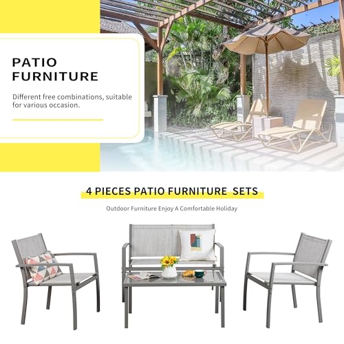 4 Pieces Patio Furniture Set All Weather Textile Fabric Outdoor Conversation Set, with Glass Coffee Table, Loveseat, 2 Single Chairs for Home, Garden, Lawn, Porch（Silver）