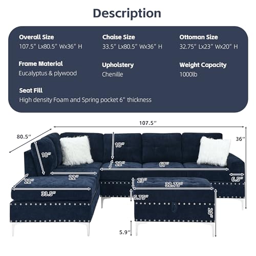 108'' Sectional Couches for Living Room, Modular 5-Seater Couch Sofa with Reversible Chaise & Cup Holders, L-Shaped Corner Sofa with Storage Ottoman for Apartment Office (Chenille, Navy Blue)
