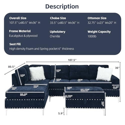 108'' Sectional Couches for Living Room, Modular 5-Seater Couch Sofa with Reversible Chaise & Cup Holders, L-Shaped Corner Sofa with Storage Ottoman for Apartment Office (Chenille, Navy Blue)