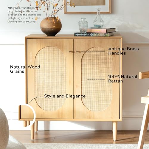Rattan Storage Cabinets with Shelves, Narrow Cabinet with Storage, Sideboard Cabinet with Doors, Rattan Cabinets for Kitchen Dining Room Living Room, Natural Oak