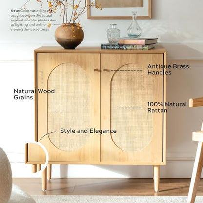 Rattan Storage Cabinets with Shelves, Narrow Cabinet with Storage, Sideboard Cabinet with Doors, Rattan Cabinets for Kitchen Dining Room Living Room, Natural Oak