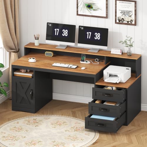 65" Farmhouse Computer Desk with Drawers and Printer Stand for Home Office, view 2