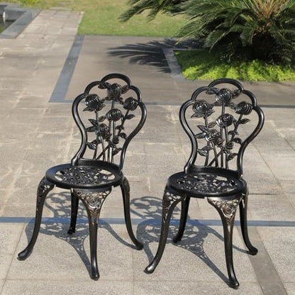 Rose Garden Cast Aluminum Bistro Chairs, Decorative Outdoor Patio Seating, Set of 2, White and Black (Rose Chair Bronze)