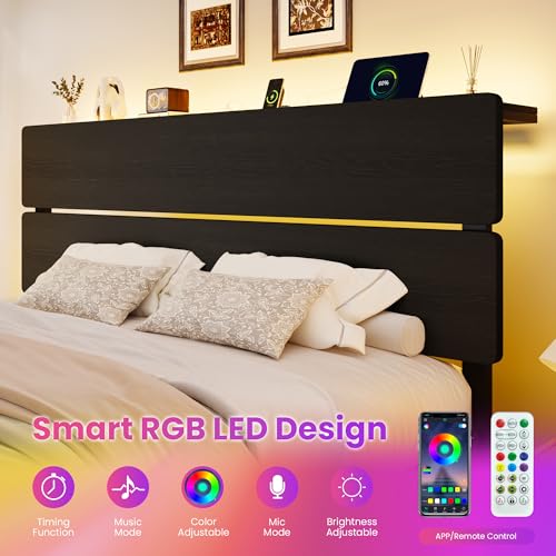 King Size Bed Frame, Led Light, Charging Station, Storage Shelf, view 6