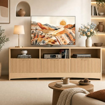 Fluted TV Stand for 65 inch TV, Modern Entertainment Center with Drawers, Boho TV Stands Wood Media Console Cabinet with Storage and Shelves, TV Consoles for Living Room, Bedroom, Oak