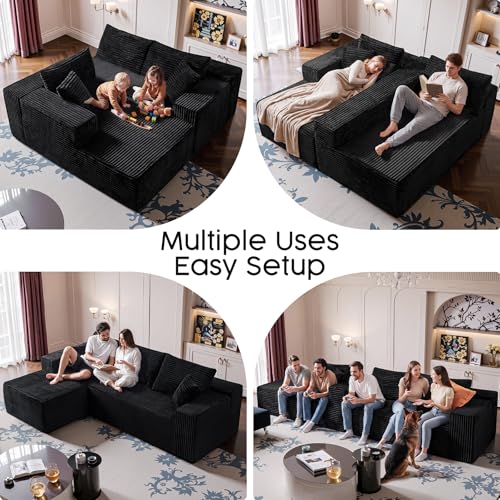 108” Modular Sectional Sofa, Right Facing Chaise (Sitting: Chaise on Your Right), Black Corduroy Cloud Couch, Deep Seat 5-Seater, Converts to Bed, No Assembly Required for Living Room