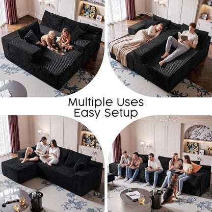 108” Modular Sectional Sofa, Right Facing Chaise (Sitting: Chaise on Your Right), Black Corduroy Cloud Couch, Deep Seat 5-Seater, Converts to Bed, No Assembly Required for Living Room