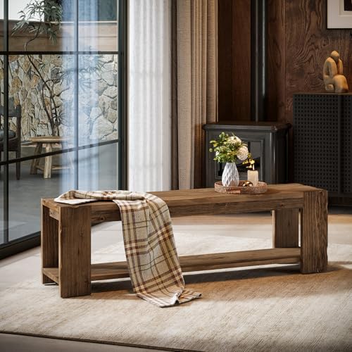Solid Wood Entryway Bench with Storage Shelf, 55.12-Inch 2-Tier Wood Shoe Bench Seating for Entrance, Hallway, Dining Room, Living Room, Mudroom, Bedroom, Rustic Brown