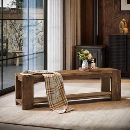 Solid Wood Entryway Bench with Storage Shelf, 55.12-Inch 2-Tier Wood Shoe Bench Seating for Entrance, Hallway, Dining Room, Living Room, Mudroom, Bedroom, Rustic Brown