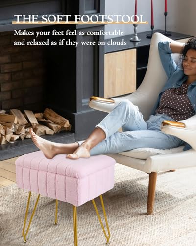 Vanity Stool with Storage, Faux Fur Makeup Stool with Metal Legs, Multifunctional Furry Footrest Ottoman Chair for Living Room Bedroom,Pink