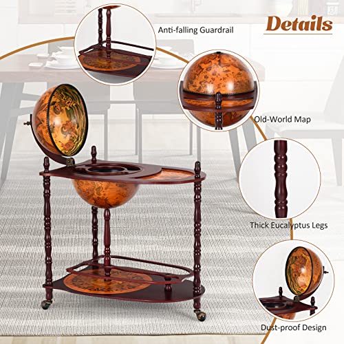 Retro Globe Bar Cart, 34.5" Mobile Liquor Cabinet with Wheels, Storage Shelves, Antique World Map Design, Mid-Century Italian Style Wine & Spirits Display Stand for Dining Room, Pub