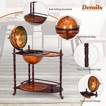 Retro Globe Bar Cart, 34.5" Mobile Liquor Cabinet with Wheels, Storage Shelves, Antique World Map Design, Mid-Century Italian Style Wine & Spirits Display Stand for Dining Room, Pub