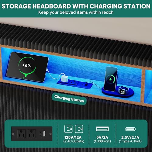 King Size Bed Frame with Charging Station and RGB LED Lights, view 5