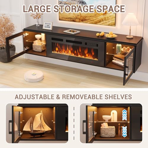 70" Floating Fireplace TV Stand Fits TVs Up to 80", Black&Black, view 6