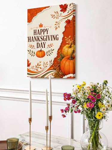 NuYeBiofx Happy Thanksgiving Day Pumpkins Canvas Wall Art Prints,48"x32" Framed Picture Artwork Autumn Maple Leaves Printed Canvas Oil Painting for Living Room Bedroom Office,Ready to Hang