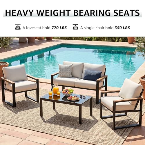 4 Pieces Patio Furniture Sets,Metal Outdoor Patio Furniture Sets,Outdoor Sectional Patio Conversation Set,Wooden Anti-Scald Armrest,Sling Mesh,4" Olefin Cushions