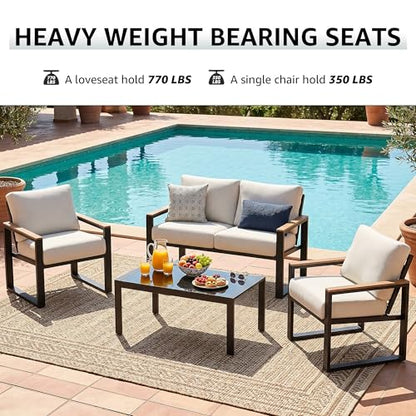 4 Pieces Patio Furniture Sets,Metal Outdoor Patio Furniture Sets,Outdoor Sectional Patio Conversation Set,Wooden Anti-Scald Armrest,Sling Mesh,4" Olefin Cushions