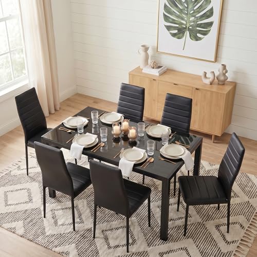 Glass Dining Table Sets for 6, 7 Piece Kitchen Table and Chairs Set for 6 Person, PU Leather Modern Dining Room Sets for Home, Kitchen, Living Room