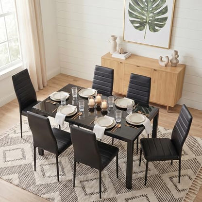 Glass Dining Table Sets for 6, 7 Piece Kitchen Table and Chairs Set for 6 Person, PU Leather Modern Dining Room Sets for Home, Kitchen, Living Room