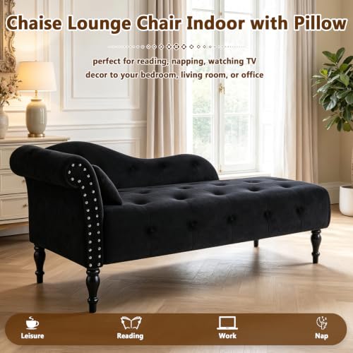 Velvet Upholstered Chaise Lounge Chair Indoor with Pillow, view 4