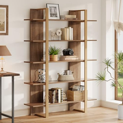 Tribesigns 5-Tier Bookshelf, Boho Bookcase, Morden Open Bookshelves with Metal Frame, 71" H x 12" D x 47" W, for Bedroom, Living Room, Home Office, Retro Oak, Beige