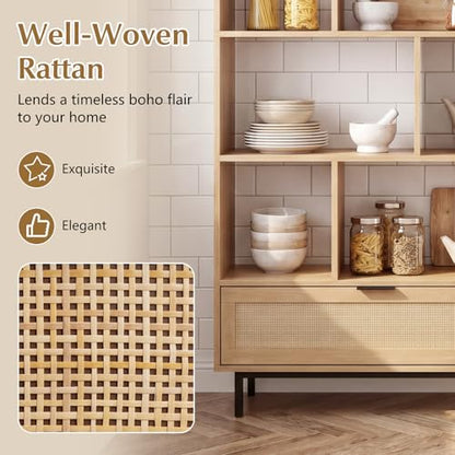 64" Tall Bookshelf with Rattan Drawer, 6-Tier Wood Bookcase with 8 Open Storage Cubes, Metal Legs, Freestanding Display Storage Organizer for Living Room, Home Office, Kitchen (Natural)