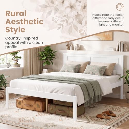 Queen Size Wooden Bed Frame with Headboard, White, view 5
