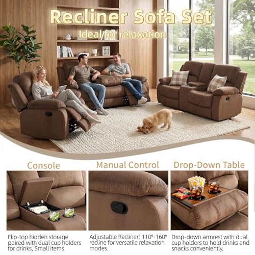 3 Piece Manual Recliner Sofa Set, Microfiber Sofa Set for Living Room