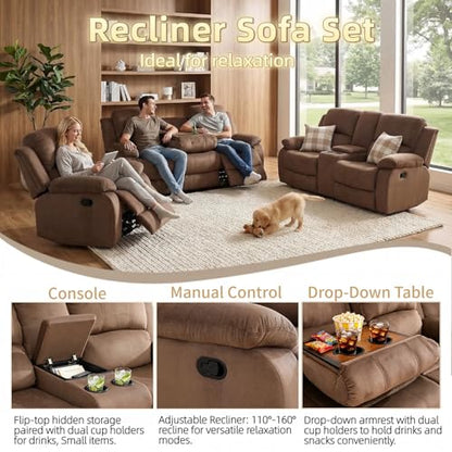 3 Piece Manual Recliner Sofa Set, Microfiber Sofa Set for Living Room