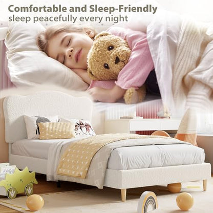 Upholstered Full Size Bed Frame for Kids with Scallop Headboard, Cute Velvet Full Bed for Girls, Boys, Sturdy Platform Bed, No Box Spring Needed, Wooden Slats, Noise Free, Beige