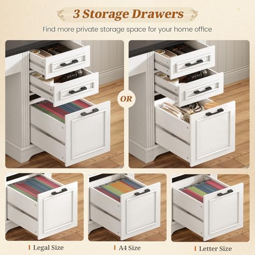 Farmhouse Computer Desk with Hutch and 3 Drawers, 47.2" Executive Office Desk with Storage Drawers, Wood Desk with Power Outlet for Home Office, White