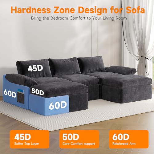 108" Cloud Couch Modular Sectional Sofa for Living Room, U-Shape Boneless Couch with Deep Seat, Modern 5-Seater with Ottoman, for Living Room, Bedroom, Office, No Assembly Required, Gray