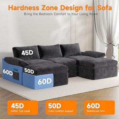 108" Cloud Couch Modular Sectional Sofa for Living Room, U-Shape Boneless Couch with Deep Seat, Modern 5-Seater with Ottoman, for Living Room, Bedroom, Office, No Assembly Required, Gray