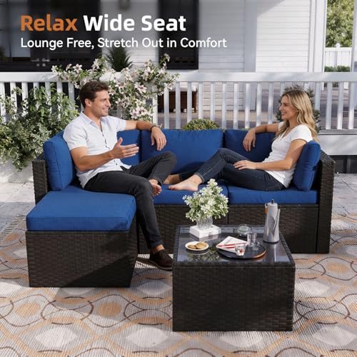 Patio Furniture Set 5-Piece, Outdoor Sectional Sofas with Washable Cushion, Wicker Rattan Patio Conversation Sets for Backyard Porch and Poolside, Navy