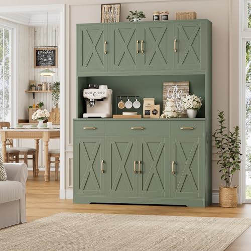 71" Tall Kitchen Pantry Storage Cabinet, 55" W Kitchen Hutch, Green, view 6