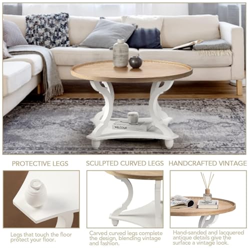 Farmhouse Round Coffee Table, Wood Tray Top Circle Coffee Table with Storage Shelf Rustic Style for Living Room and Vintage Finish, White