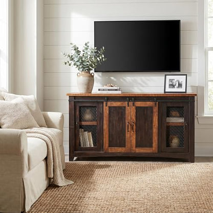 Martin Svensson Home 65" Solid Pine Wood Entertainment Center with Storage. Rustic TV Stand for TVs up to 70." Sliding Doors, Adjustable Shelves & Cable Management – Black and Honey Finish