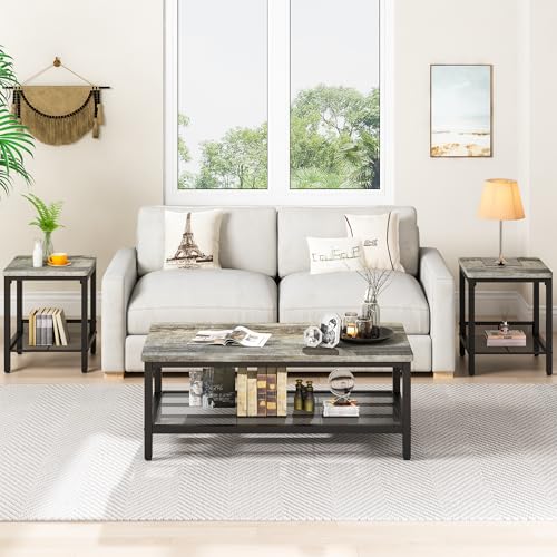 Coffee Table Set of 3, Industrial Coffee Table with 2 Square End Side Tables, Modern Living Room Table Set, with Metal Frame, for Apartment Home Office, Grey