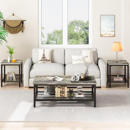 Coffee Table Set of 3, Industrial Coffee Table with 2 Square End Side Tables, Modern Living Room Table Set, with Metal Frame, for Apartment Home Office, Grey
