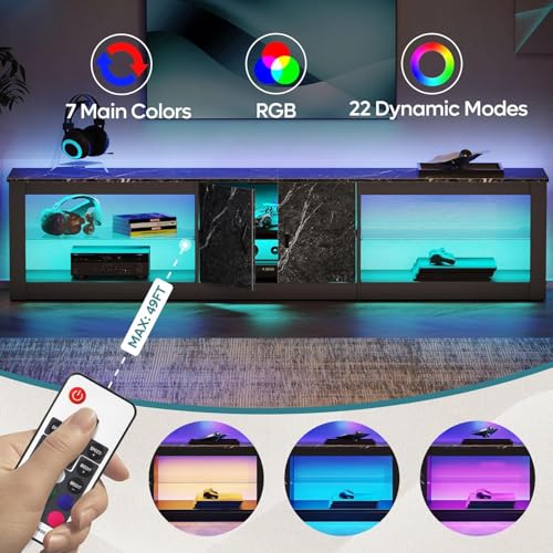80 Inch TV Stand for 75/85/86 inch TVs, LED Gaming Entertainment Center for PS5 with Storage Cabinet &Adjustable Glass Shelves, Large TV Console Table for Living Room Bedroom, Black Marble