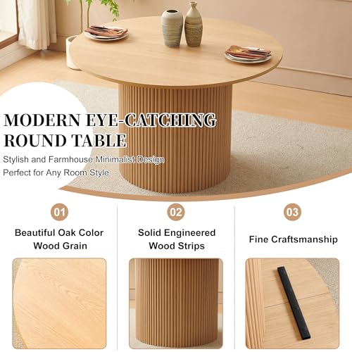 5-Piece Modern Kitchen Dining Room Table Set for 4, 47-Inch Oak Wooden Dining Table Round with 4 Seated Black Arm Chairs Upholstered Sherpa, Mid-Century Breakfast Nook Table Set