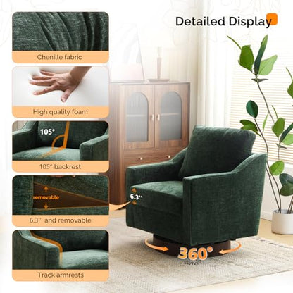 Mid-Century Modern Swivel Accent Chair, 360°Upholstered Armchair, Home Sofa with Track Arms for Living Room, Bedroom, Reading Room, Club Swivel Chair,Chenille Green